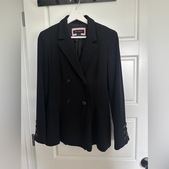 Pink Tartan 100% Wool Double-Breasted Black Blazer - Picture 1 of 3